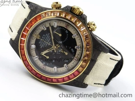 MiroTime 0504 Refined Daytona DIW Carbon Case DIWF Edition Black White Dial Orange Diamonds Bezel on White Nylon Strap A 1668